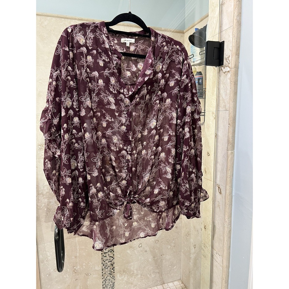 Max Studio Top Womens XL Ruffle Floral Wine Sheer Blouse Tie Front Balloon Slv